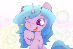 Size: 3000x2000 | Tagged: safe, artist:zokkili, imported from derpibooru, izzy moonbow, pony, unicorn, bubble, bust, colored eyelashes, ethereal mane, eyes closed, female, flower, g5, horn, mare, one eye closed, open mouth, open smile, smiling, solo, sparkles, starry eyes, starry mane, wingding eyes, wink