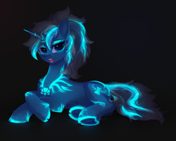 Size: 5000x4000 | Tagged: safe, artist:anku, imported from derpibooru, oc, oc only, oc:maple parapet, pony, unicorn, black background, blue eyes, chest fluff, commission, eyebrows, eyelashes, female, fluorescent, freckles, glowing, glowing horn, high res, horn, luminescent, lying down, mare, neon, open mouth, pony oc, simple background, solo, tail, two toned mane, two toned tail, unicorn oc, ych result