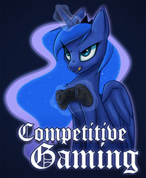 Size: 897x1090 | Tagged: safe, artist:ikarooz, imported from derpibooru, princess luna, alicorn, pony, gamer luna, controller, design, female, magic, mare, shirt design, telekinesis, text, tongue out