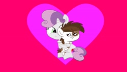 Size: 3264x1836 | Tagged: safe, artist:the double u, imported from derpibooru, pipsqueak, sweetie belle, earth pony, unicorn, fanfic:the knights of the night, crush, cute, diasweetes, fanfic art, female, hug, looking at each other, looking at someone, love, male, shipping, squeakabetes, straight, sweetiesqueak