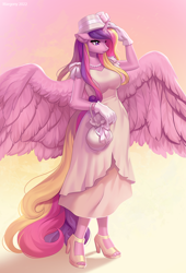 Size: 960x1408 | Tagged: safe, artist:margony, imported from derpibooru, princess cadance, alicorn, anthro, plantigrade anthro, breasts, busty princess cadance, clothes, commission, dress, female, floppy ears, gloves, gradient background, hat, high heels, jewelry, large wings, mare, milf, necklace, open-toed shoes, pearl necklace, purse, shoes, solo, spread wings, toes, wings