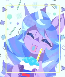 Size: 1200x1425 | Tagged: safe, artist:stacy_165cut, imported from derpibooru, izzy moonbow, pony, unicorn, :p, ^^, abstract background, bust, cute, drink, drinking straw, eyes closed, female, g5, horn, izzybetes, mare, solo, tongue out