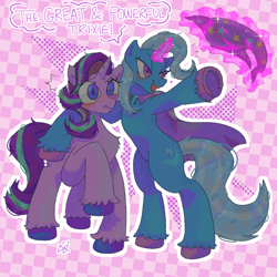 Size: 640x640 | Tagged: safe, artist:whattabop1, imported from derpibooru, starlight glimmer, trixie, unicorn, cape, clothes, cutie mark, dialogue, diatrixes, eyelashes, female, glimmerbetes, glowing, glowing horn, hat, horn, magic, startrix, tail, telekinesis, trixie's cape, trixie's hat, underhoof, unshorn fetlocks