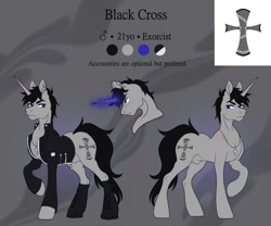 Size: 1500x1250 | Tagged: safe, artist:emalajissda, imported from derpibooru, oc, oc only, oc:black cross, unicorn, boots, clothes, commission, crucifix, jacket, magic, male, reference sheet, shoes, stallion