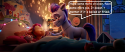 Size: 2048x858 | Tagged: safe, edit, edited screencap, imported from derpibooru, screencap, sunny starscout, earth pony, pony, spoiler:g5, spoiler:my little pony: a new generation, argyle starshine, bed, bedroom, blanket, book, dialogue, eat it, eyes closed, father and child, father and daughter, female, filly, filly sunny starscout, foal, g5, glasses, jewelry, male, michael mckean, my little pony: a new generation, necklace, pillow, smiling, song reference, speech bubble, stallion, toy, voice actor joke, weird al yankovic, window, younger