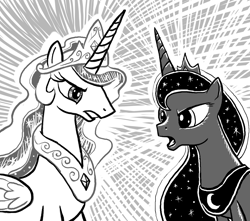 Size: 1955x1730 | Tagged: safe, artist:chatoyance, imported from derpibooru, princess celestia, princess luna, alicorn, pony, fanfic:the conversion bureau, argument, bust, fanfic art, grayscale, monochrome, outline