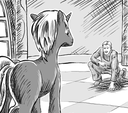 Size: 1955x1730 | Tagged: safe, artist:chatoyance, imported from derpibooru, human, pony, unicorn, fanfic:the conversion bureau, fanfic art, grayscale, hatching (technique), kneeling, looking at each other, looking at someone, monochrome