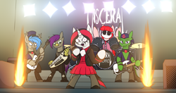 Size: 3880x2044 | Tagged: safe, artist:moonatik, imported from derpibooru, oc, oc only, earth pony, griffon, semi-anthro, unicorn, ascot, band, bass guitar, clothes, coat, collar, commission, drum kit, drums, earth pony oc, electric guitar, fangs, female, fire, guitar, horn, jacket, keytar, male, mare, mask, microphone, musical instrument, playing instrument, rock (music), rock band, singing, skirt, speaker, stage, stage light, stallion, unicorn oc