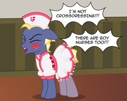 Size: 2632x2093 | Tagged: safe, artist:badumsquish, derpibooru exclusive, imported from derpibooru, star tracker, earth pony, pony, angry, blushing, clothes, cosplay, costume, cross, crossdressing, crossplay, cute, dialogue, dress, ears back, embarrassed, eyes closed, freckles, frilly dress, frown, hat, heart, in denial, male, nurse, nurse hat, nurse outfit, show accurate, skirt, socks, solo, stallion, starcrossed, trackerbetes, yelling