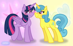 Size: 1129x708 | Tagged: safe, artist:purplepotato04, imported from derpibooru, lemon hearts, twilight sparkle, alicorn, blue mane, blue tail, female, heart, lemonlight, lesbian, pink eyes, pink mane, pink tail, purple coat, purple eyes, purple mane, purple tail, shipping, tail, twilight sparkle (alicorn), twilight sparkle's cutie mark, yellow coat