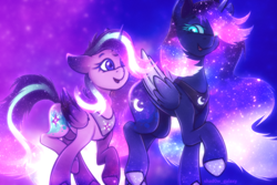 Size: 3000x2000 | Tagged: safe, artist:shad0w-galaxy, imported from derpibooru, princess luna, starlight glimmer, alicorn, pony, alicornified, alternate design, duo, ethereal mane, female, folded wings, horn, jewelry, mare, race swap, regalia, shiny, simple background, slim, smiling, starlicorn, starluna, starry eyes, starry mane, stars, walking, wingding eyes, wings