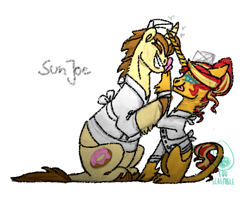 Size: 500x400 | Tagged: safe, artist:eqq_scremble, derpibooru exclusive, imported from derpibooru, donut joe, sunset shimmer, pony, unicorn, equestria girls, chef's hat, cloven hooves, crack shipping, donutshimmer, duo, female, hat, laughing, leonine tail, male, mare, shipping, simple background, sketch, stallion, straight, tail, tongue out, white background