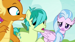 Size: 1280x719 | Tagged: safe, imported from derpibooru, screencap, sandbar, silverstream, smolder, classical hippogriff, dragon, earth pony, hippogriff, pony, non-compete clause, dragoness, female, hair over one eye, male, trio