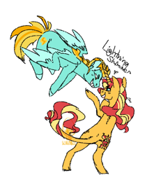 Size: 500x600 | Tagged: safe, artist:eqq_scremble, derpibooru exclusive, imported from derpibooru, lightning dust, sunset shimmer, pegasus, unicorn, equestria girls, braid, cloven hooves, crack shipping, duo, female, flying, leonine tail, lesbian, lightningshimmer, rearing, shipping, simple background, smiling, tail, white background