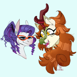 Size: 1000x1000 | Tagged: safe, artist:eqq_scremble, derpibooru exclusive, imported from derpibooru, autumn blaze, rarity, kirin, unicorn, autumnity, blue background, bust, crack shipping, duo, ear piercing, earring, female, glasses rarity, hair bun, jewelry, lesbian, missing horn, piercing, portrait, shipping, simple background, smiling