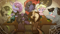 Size: 2976x1707 | Tagged: safe, artist:beardie, imported from derpibooru, oc, oc only, oc:berry frost, oc:buttercream scotch, oc:elli, oc:fenris ebonyglow, oc:kara waypoint, oc:rivibaes, oc:starskipper, pony, chair, drinking, ear piercing, earring, eye clipping through hair, eyebrows, eyebrows visible through hair, jewelry, party, piercing, sitting, spider web, table