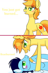 Size: 1600x2400 | Tagged: safe, artist:aryannahoshi, imported from derpibooru, braeburn, soarin', earth pony, pegasus, pony, 2 panel comic, blushing, comic, duo, gay, looking at each other, looking at someone, lying down, male, on back, open mouth, shipping, simple background, soarburn, stallion, white background