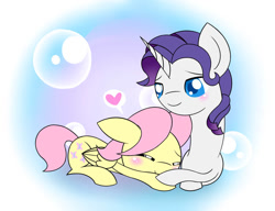 Size: 1020x784 | Tagged: safe, artist:aryannahoshi, imported from derpibooru, fluttershy, rarity, pegasus, pony, unicorn, alternate hairstyle, blushing, bubble, butterscotch, buttersive, duo, elusive, eyes closed, flarity, gay, heart, lying down, male, prone, rule 63, shipping, stallion