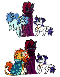 Size: 700x900 | Tagged: safe, artist:eqq_scremble, derpibooru exclusive, imported from derpibooru, party favor, rarity, sunburst, tempest shadow, pony, unicorn, bisexual, cloak, clothes, cloven hooves, crack shipping, eye scar, female, glasses, horn, jewelry, leonine tail, lesbian, lesbian in front of boys, male, mare, necklace, no tail, partempity, polyamory, rariburst, rarifavor, scar, scarf, shipping, simple background, sitting, smiling, stallion, straight, sunburst's cloak, suntempity, tail, tempest gets her horn back, tempestburst, tempestfavor, tempity, white background