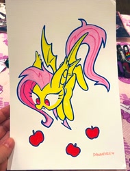 Size: 1560x2048 | Tagged: safe, artist:dawnfire, fluttershy, bat pony, pony, apple, bat ponified, bat wings, fangs, female, flutterbat, food, mare, open mouth, race swap, signature, simple background, solo, traditional art, wings