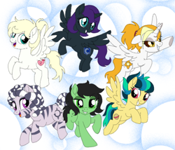 Size: 398x340 | Tagged: safe, artist:unoriginai, edit, imported from derpibooru, oc, oc only, oc:apogee, oc:dyx, oc:filly anon, oc:luftkrieg, oc:nyx, oc:zala, alicorn, earth pony, pegasus, pony, zebra, alternate mane six, cropped, female, filly, flying, horn, mare, ponytail, question mark, raised hoof, smiling, spread wings, wings