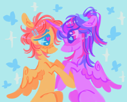 Size: 1246x1004 | Tagged: safe, artist:webkinzworldz, imported from twibooru, fluttershy, twilight sparkle, alicorn, pegasus, pony, alternate hairstyle, blue background, duo, female, hairclip, holding hooves, image, lesbian, looking at each other, mare, png, ponytail, shipping, simple background, twishy, wings