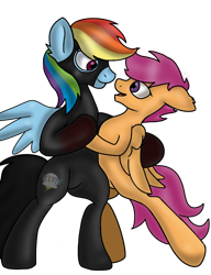 Size: 692x900 | Tagged: safe, artist:taeko, derpibooru exclusive, imported from derpibooru, rainbow dash, scootaloo, pegasus, pony, fanfic:pegasus device, fanfic:rainbow factory, absentia, base used, black suit, blood, blood on hoof, catsuit, dancing, duo, dyed tail, ear fluff, fanfic art, female, folded wings, holding each other, lesbian, looking at each other, looking at someone, mare, open mouth, rainbow factory dash, rainbow factory logo, scootadash, shading practice, shipping, simple background, smiling, smiling at each other, spread wings, standing on two hooves, tail, transparent background, wings