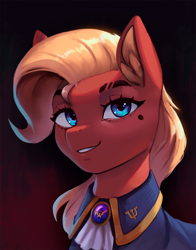 Size: 1500x1916 | Tagged: source needed, safe, artist:mrscroup, imported from derpibooru, oc, oc only, oc:caramelka sladkaya, earth pony, pony, equestria at war mod, blue eyes, clothes, ear fluff, earth pony oc, female, jabot, mare, mole, pony oc, portrait, red coat, simple background, smiling, smirk, solo, yellow mane