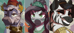 Size: 1500x670 | Tagged: source needed, safe, artist:cadillac-dynamite, imported from derpibooru, oc, oc only, zebra, equestria at war mod, black mane, brown eyes, bust, clothes, collage, frown, green eyes, portrait, simple background, smiling, smirk, white mane, zebra oc