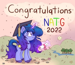 Size: 2000x1714 | Tagged: safe, artist:nedemai, imported from derpibooru, oc, oc only, pony, unicorn, atg 2022, female, glowing, glowing horn, graduation, graduation cap, hat, horn, magic, mare, moon, newbie artist training grounds, smiling, solo, telekinesis