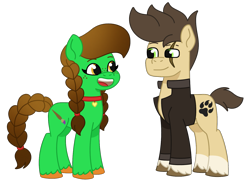 Size: 1479x1091 | Tagged: safe, artist:dyonys, imported from derpibooru, oc, oc only, oc:lucky brush, oc:night chaser, earth pony, pony, braid, choker, clothes, earth pony oc, freckles, g5, jacket, my little pony: tell your tale, open mouth, scar, simple background, transparent background, unshorn fetlocks