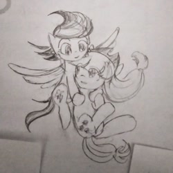 Size: 640x640 | Tagged: safe, artist:snowzaaah, imported from derpibooru, applejack, rainbow dash, earth pony, pegasus, pony, appledash, appledashdailydoodles, doodle, female, flying, lesbian, monochrome, pencil drawing, shipping, sketch, traditional art