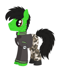 Size: 1476x1758 | Tagged: safe, artist:dyonys, imported from derpibooru, oc, oc only, oc:wrench, cyborg, earth pony, pony, augmented, clothes, dog tags, jacket, male, pants, simple background, solo, stallion, transparent background