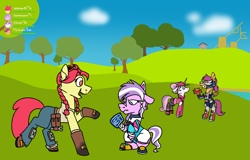 Size: 2000x1280 | Tagged: safe, artist:fuckomcfuck, imported from derpibooru, apple bloom, diamond tiara, scootaloo, sweetie belle, earth pony, pegasus, pony, unicorn, alternate hairstyle, bandage, baseball cap, belt, bipedal, boots, cap, clothes, commission, cosplay, costume, crossover, cutie mark crusaders, denim, diamondbloom, dynamo (fortnite), erisa (fortnite), eyes closed, female, fortnite, gloves, goggles, grass, grin, hat, hoodie, jeans, jules (fortnite), knee pads, leotard, lesbian, mare, mask, nose piercing, nose ring, older, older apple bloom, older cmc, older diamond tiara, older scootaloo, older sweetie belle, overalls, pants, piercing, scar, shipping, shoes, skirt, smiling, socks, stockings, striped socks, tanktop, thigh highs, tree, unshorn fetlocks, wrench, zoey (fortnite)