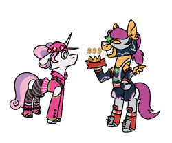 Size: 600x500 | Tagged: safe, artist:fuckomcfuck, derpibooru exclusive, imported from derpibooru, scootaloo, sweetie belle, pegasus, pony, unicorn, baseball cap, bipedal, boots, cap, clothes, cosplay, costume, crossover, duo, dynamo (fortnite), eyes closed, female, fortnite, gloves, grin, hat, hoodie, leotard, mare, mask, older, older scootaloo, older sweetie belle, shoes, simple background, skirt, smiling, socks, stockings, striped socks, thigh highs, transparent background, unshorn fetlocks, wrestler, zoey (fortnite)