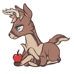 Size: 1200x1200 | Tagged: safe, artist:multiverseequine, derpibooru exclusive, imported from derpibooru, oc, oc only, oc:eucalyptus, deer, pony, antlers, apple, blue eyes, chest fluff, daybreak island, food, full body, lying down, male, simple background, solo, transparent background