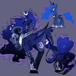 Size: 1440x1440 | Tagged: safe, artist:solarmoondreams, imported from derpibooru, princess luna, alicorn, pony, female, mare, purple background, redesign, simple background, solo