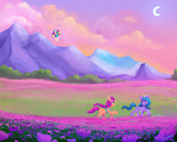 Size: 5998x4800 | Tagged: safe, artist:saphypone, imported from derpibooru, izzy moonbow, sunny starscout, earth pony, pony, unicorn, balloon, beautiful, crescent moon, female, floating, flower field, g5, ivory cedar, journey, mare, moon, mountain, my little pony: a new generation, scenery, scenery porn