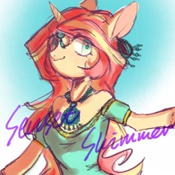 Size: 1600x1600 | Tagged: safe, artist:catcity__, imported from derpibooru, sunset shimmer, anthro, unicorn, arm hooves, clothes, colored sketch, dress, ear piercing, earring, female, jewelry, necklace, piercing, sketch, solo