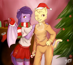 Size: 3030x2730 | Tagged: safe, artist:pwnagespartan, imported from derpibooru, oc, oc only, anthro, bat pony, christmas, christmas tree, clothes, duo, duo female, female, furry, furry oc, hat, holiday, santa hat, scarf, striped scarf, tree