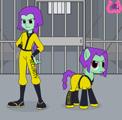 Size: 1497x1471 | Tagged: safe, artist:author92, imported from derpibooru, oc, oc:shell break, earth pony, human, equestria girls, brightly colored ninjas, clothes, jail cell, kunoichi, ninja, prison cell, sandals, security guard, self paradox, self ponidox