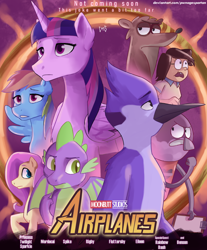 Size: 2054x2480 | Tagged: safe, artist:pwnagespartan, imported from derpibooru, fluttershy, rainbow dash, spike, twilight sparkle, alicorn, anthro, bird, blue jay, dragon, mole (animal), pegasus, pony, raccoon, airplanes (song), avengers: infinity war, benson, crossover, crossover shipping, eileen, female, male, mordecai, mordetwi, regular show, rigby, shipping, straight, winged spike, wings