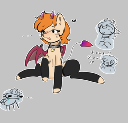 Size: 668x647 | Tagged: artist needed, safe, imported from derpibooru, oc, oc:autumn lust, succubus, succubus pony, bat wings, blushing, clothes, collar, eyebrows, eyebrows visible through hair, flexible, horn, latex, latex stockings, spaded tail, splits, stockings, tail, thigh highs, wings