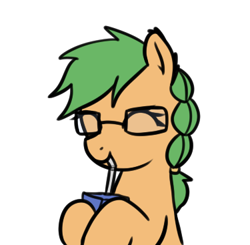 Size: 375x367 | Tagged: safe, artist:neuro, imported from derpibooru, oc, oc only, oc:morning mimosa, earth pony, pony, bust, drinking, drinking straw, eyes closed, female, glasses, hoof hold, juice, juice box, mare, simple background, smiling, solo, transparent background