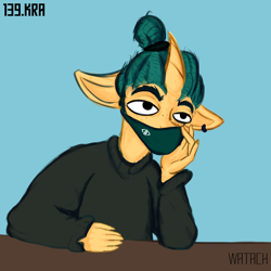 Size: 2000x2000 | Tagged: safe, artist:watashiao, imported from derpibooru, oc, oc only, oc:wata, anthro, unicorn, face mask, floppy ears, hair bun, high res, mask, simple background, solo