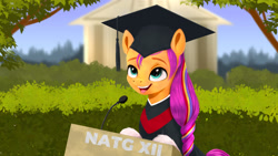 Size: 1920x1080 | Tagged: safe, artist:darksly, imported from derpibooru, sunny starscout, earth pony, pony, atg 2022, cute, female, g5, graduation, graduation cap, hat, mare, markings, newbie artist training grounds, open mouth, solo, sunnybetes