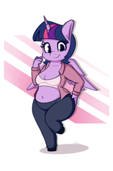 Size: 1753x2661 | Tagged: safe, artist:andelai, imported from derpibooru, twilight sparkle, alicorn, anthro, unguligrade anthro, abstract background, belly, belly button, breasts, busty twilight sparkle, chibi, chubby, chubby twilight, cleavage, clothes, female, hand on hip, high res, looking at you, open clothes, open shirt, pants, shirt, smiling, smiling at you, solo, twilight sparkle (alicorn)