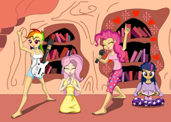 Size: 1400x1000 | Tagged: safe, artist:koopa-master, imported from derpibooru, fluttershy, pinkie pie, rainbow dash, twilight sparkle, human, 2013, barefoot, breasts, clothes, feet, female, golden oaks library, humanized, microphone, nightgown, old art, pajamas, sleepover, slumber party