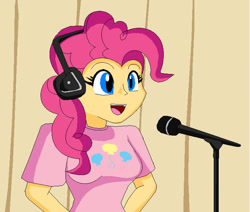 Size: 710x602 | Tagged: safe, artist:koopa-master, imported from derpibooru, pinkie pie, human, 2011, breasts, chocolate, chocolate rain, clothes, cutie mark on clothes, female, food, headphones, humanized, microphone, rain, solo, tay zonday