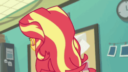 Size: 800x450 | Tagged: safe, imported from derpibooru, screencap, sunset shimmer, human, equestria girls, equestria girls series, forgotten friendship, animated, blinking, clothes, cutie mark on clothes, female, geode of empathy, gif, jewelry, leather, leather vest, magical geodes, necklace, open mouth, solo, vest